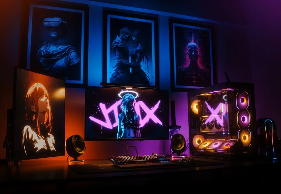 Postazione con quadri al neon e PC illuminato in una stanza buia